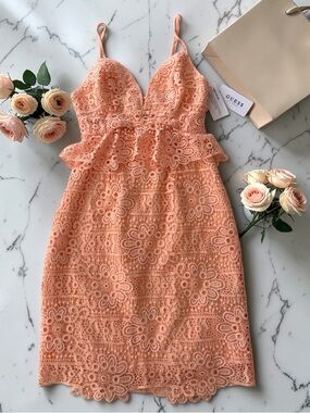 Guess Peach Lace Peplum Mini Dress